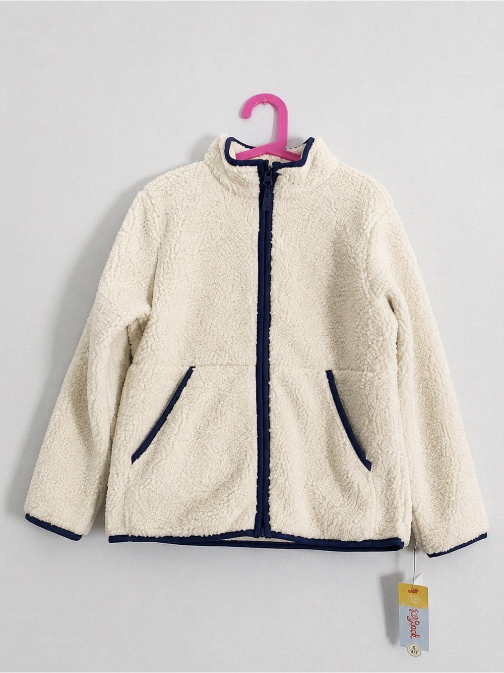 Cat & Jack Kids Cream Sherpa Fleece Full Zip Jacket Navy Trim Size S 6/7 NWT